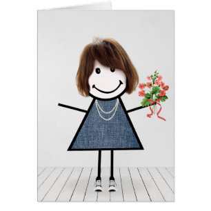 Chica de palo de cumpleaños con ramo de flores