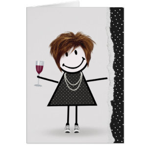 Chica de palo de cumpleaños con vino y zapatillas