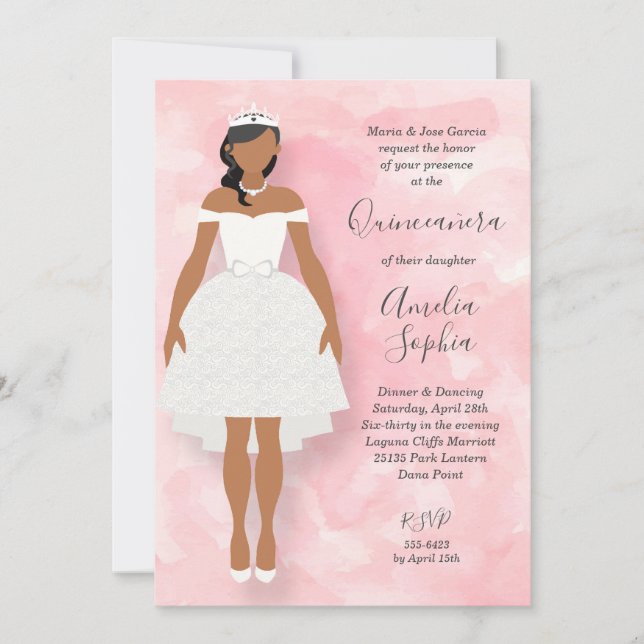Chica de pelo negro vestido blanco con quinceanera (Anverso)