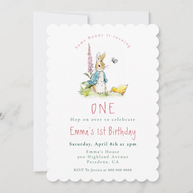 Chica de Peter Rabbit invitación para el primer cu (Anverso)