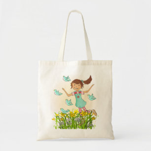 Chica de primavera persiguiendo pájaros bolsa de a