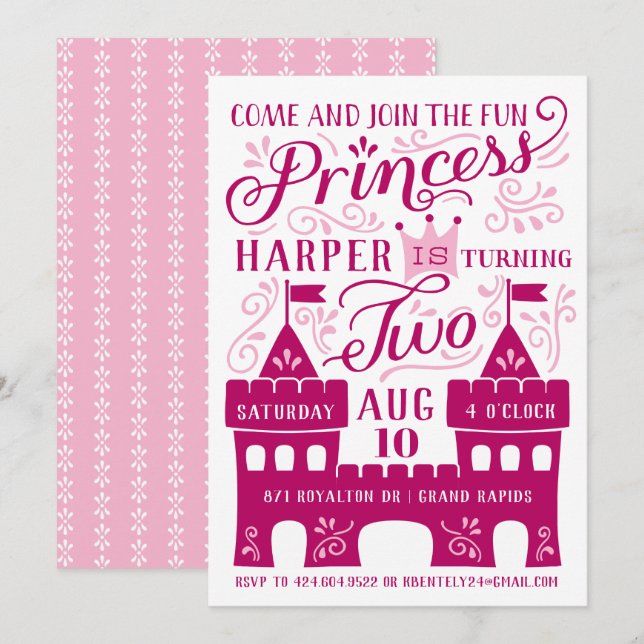 Chica de Princesa Fiesta Segunda Invitación a Cump (Anverso / Reverso)