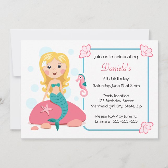 chica de sirena rubia adorable invitación de cumpl (Anverso)