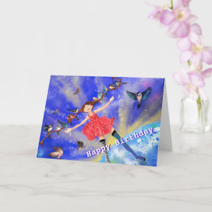Chica de tarjetas de cumpleaños feliz con aves - s