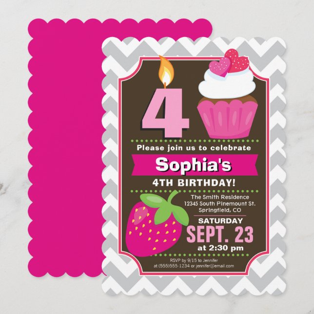 Chica de tarta de fresa Invitación de cumpleaños (Anverso / Reverso)