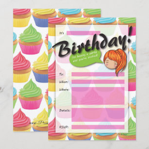 Chica de tarta Invitación de cumpleaños - Cabello 