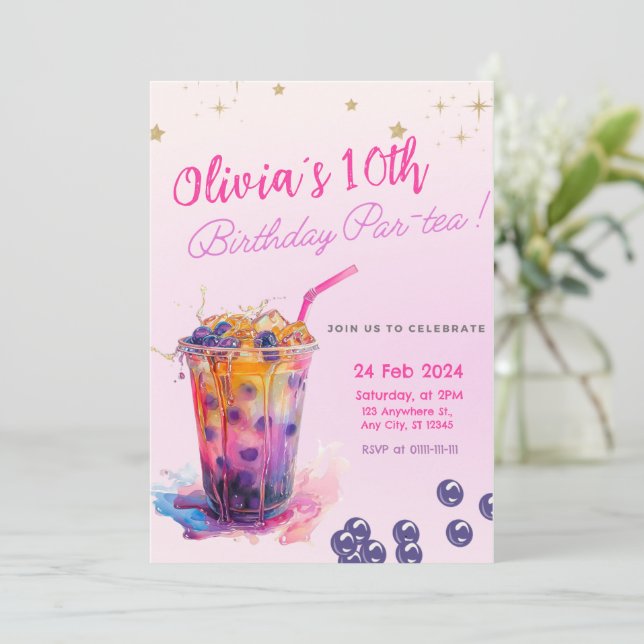 Chica de té Boba rosa Invitación a fiesta de cumpl (Anverso de pie)