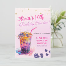 Chica de té Boba rosa Invitación a fiesta de cumpl