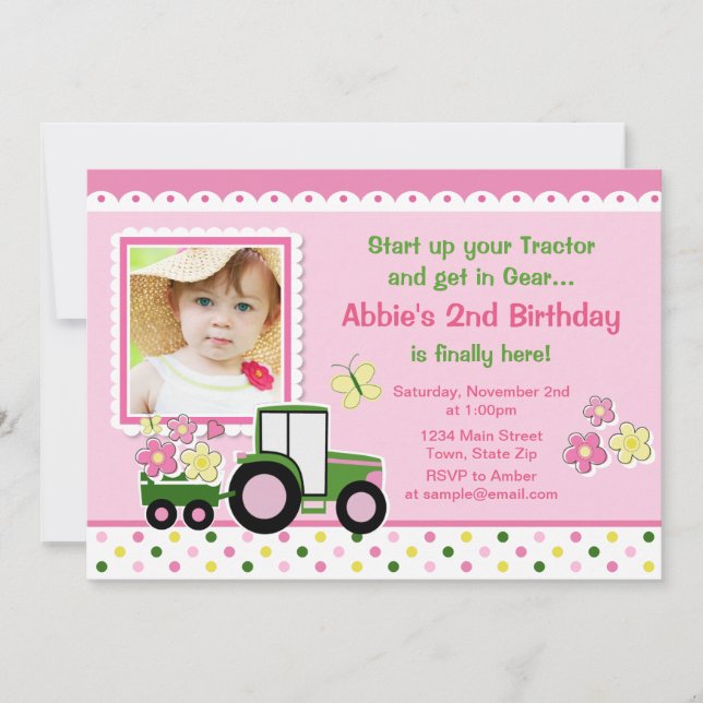 Chica de tractores Invitación de cumpleaños Tarjet (Anverso)