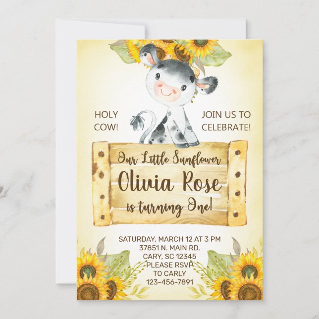 Chica de Vacas y girasoles 1ª invitación de cumple (Anverso)