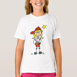 Chica del béisbol con las camisetas y los regalos