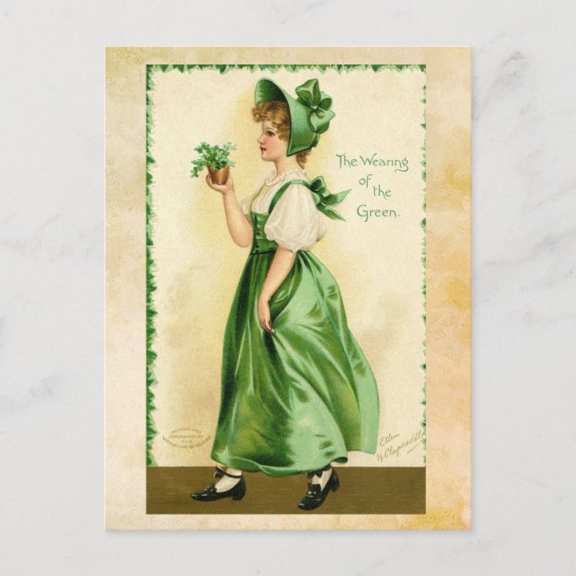 Chica del Día de San Patricio en la postal verde (Anverso)