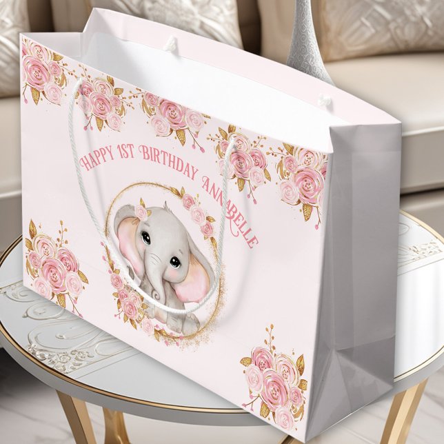 Chica del elefante Rosa Primer cumpleaños Bolsa de (Elephant Girl Pink 1st Birthday Large Gift Bag)