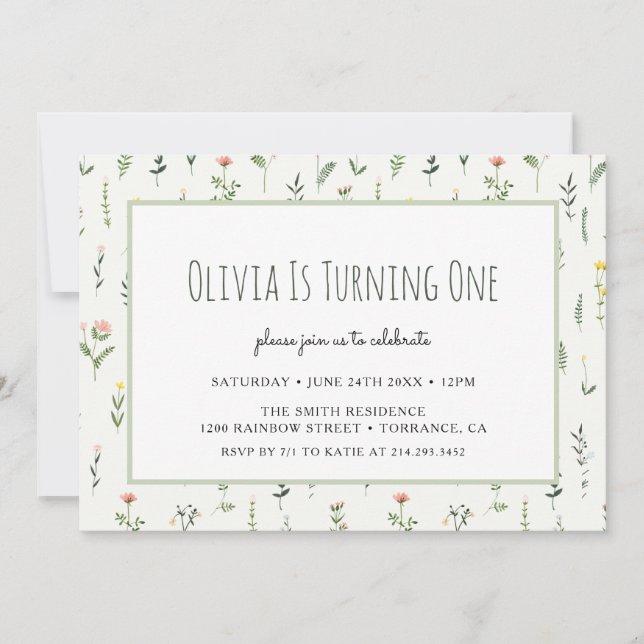 Chica del Jardín de Flores Silvestres Invitación a (Anverso)