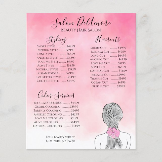 Chica del menú de servicio con acuarela rosa trenz (Anverso)