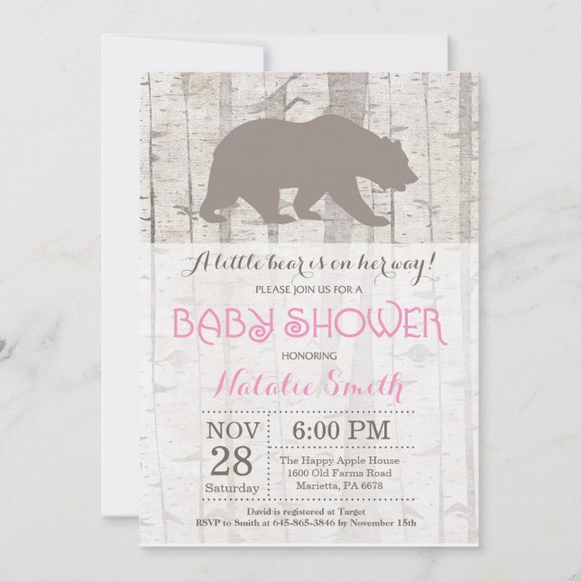 Chica del oso Invitación a Baby Shower Rústico Woo (Anverso)