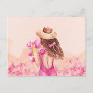 Chica del ramo de flores rosadas estéticas Tarjeta