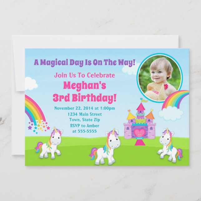 Chica del unicornio del arco iris de la invitación (Anverso)