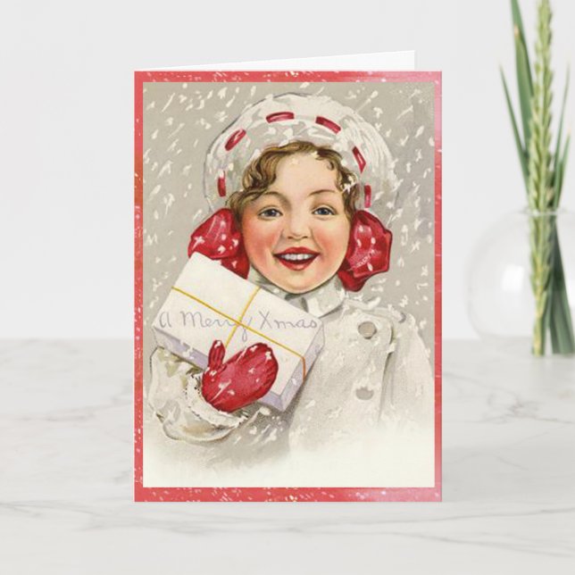 Chica del vintage de las Felices Navidad Nevado (Anverso)