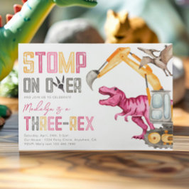 Chica Dino Construcción 3ª Invitación de cumpleaño