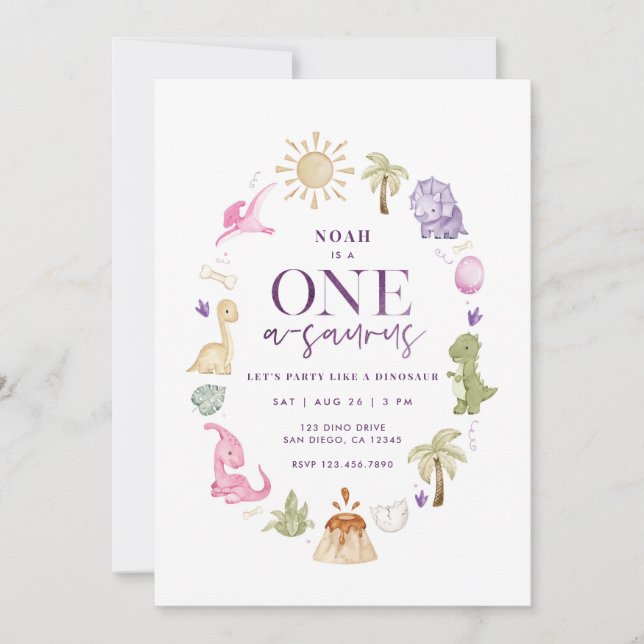 Chica Dino One-a-saurus Invitación de cumpleaños 1 (Anverso)