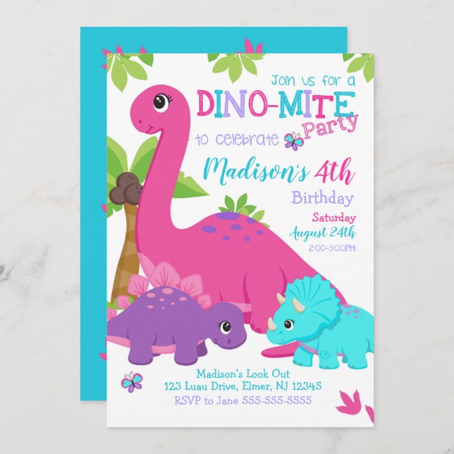 Chica Dinosaurios Invitación al cumpleaños / Dino  (Anverso / Reverso)