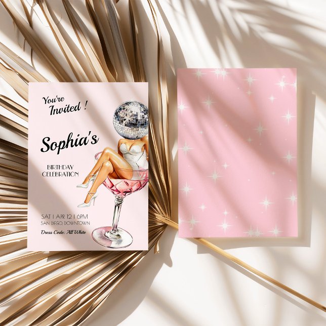 Chica Disco En Invitación De Cumpleaños De Cristal (Disco Girl In Martini Glass Birthday Invite)