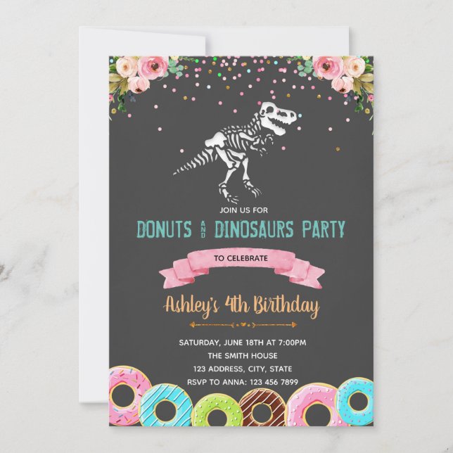 Chica donuts invitación para el cumpleaños de dino (Anverso)