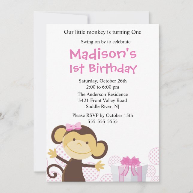 Chica dulce Mono Invitación al cumpleaños (Anverso)