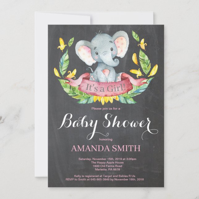 Chica elefante Baby Shower Invitación Chalkboard (Anverso)