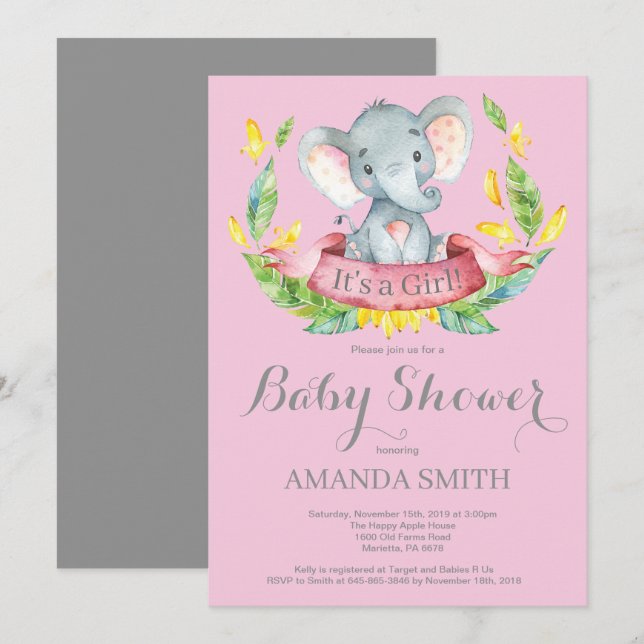 Chica Elefante Baby Shower Invitación rosa y gris (Anverso / Reverso)