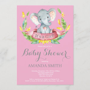 Chica Elefante Baby Shower Invitación rosa y gris