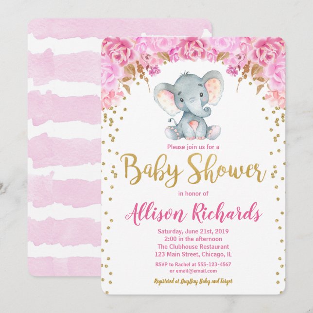 Chica elefante de la invitación a la ducha de bebé (Anverso / Reverso)