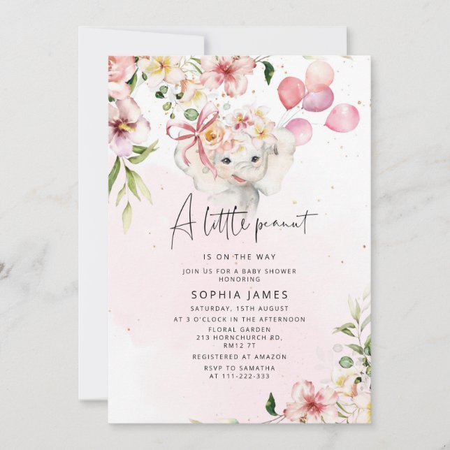 Chica elefante floral ducha de bebé Invitación (Anverso)