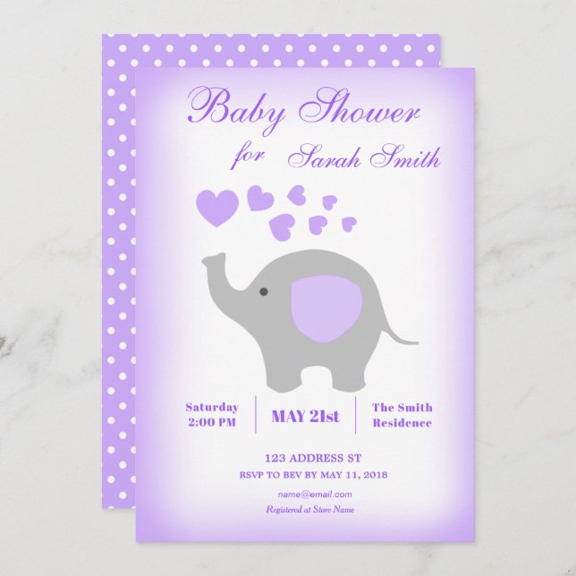 Chica elefante Invitación a Baby Shower Corazones  (Anverso / Reverso)