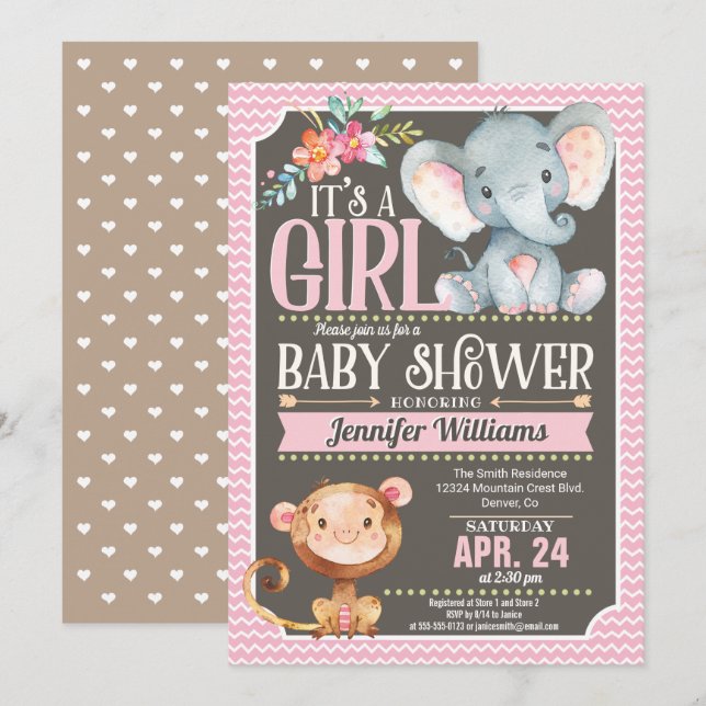 Chica Elefante y Mono Invitación a Baby Shower (Anverso / Reverso)