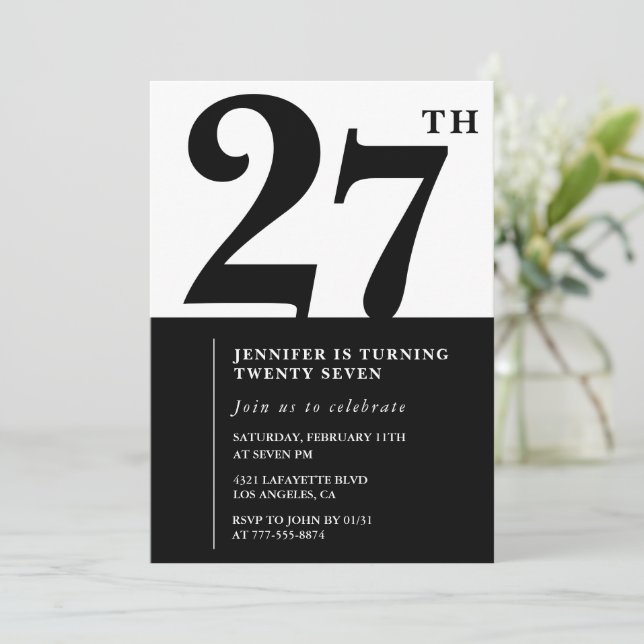 Chica Elegant invitación de 27 años Blanco negro (Anverso de pie)