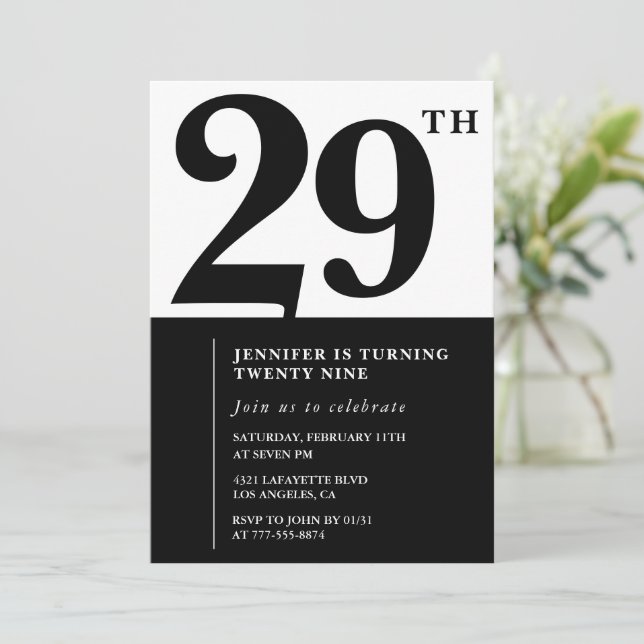 Chica Elegant Invitación de 29 años Blanco Negro (Anverso de pie)
