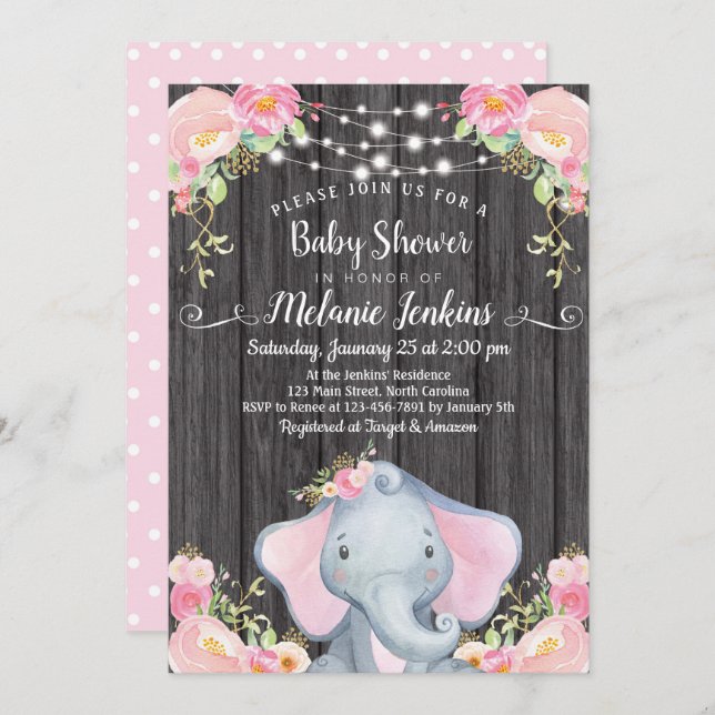 Chica Elephant Baby Shower Invitación (Anverso / Reverso)