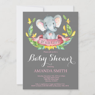 Chica Elephant Baby Shower Invitación rosa y gris