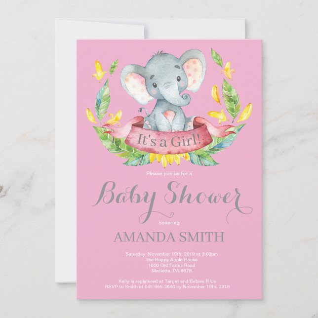 Chica Elephant Baby Shower Invitación rosa y gris (Anverso)