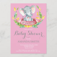 Chica Elephant Baby Shower Invitación rosa y gris