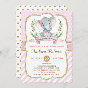 Chica Elephant Baby Shower Invitación rosada y dor