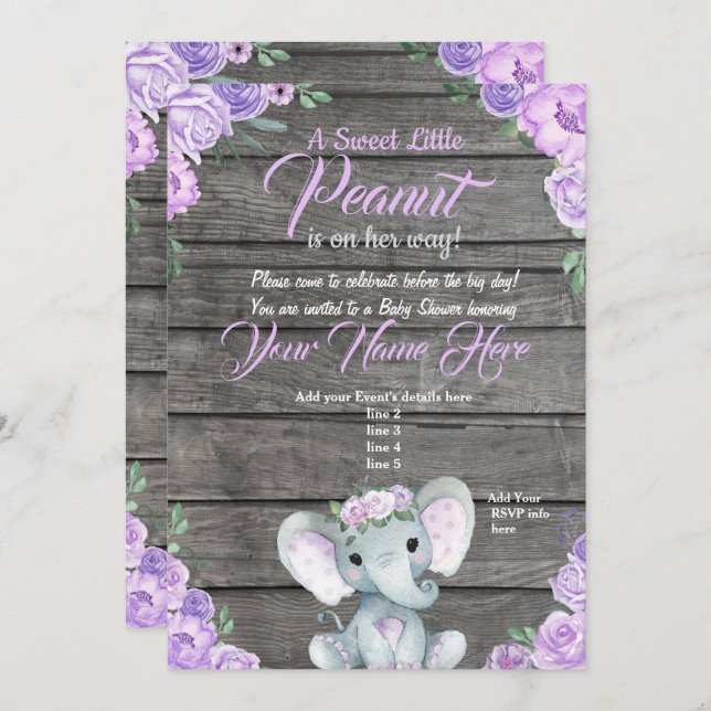 Chica Elephant Baby Shower Invitación rústico púrp (Anverso / Reverso)