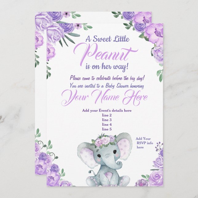 Chica Elephant Baby Shower Invitación rústico púrp (Anverso / Reverso)