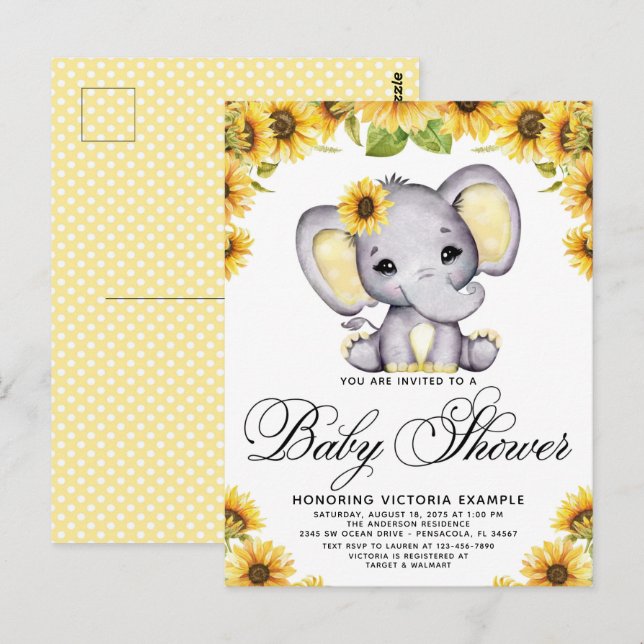 Chica Elephant Sunflower Baby Shower Invitación (Anverso / Reverso)