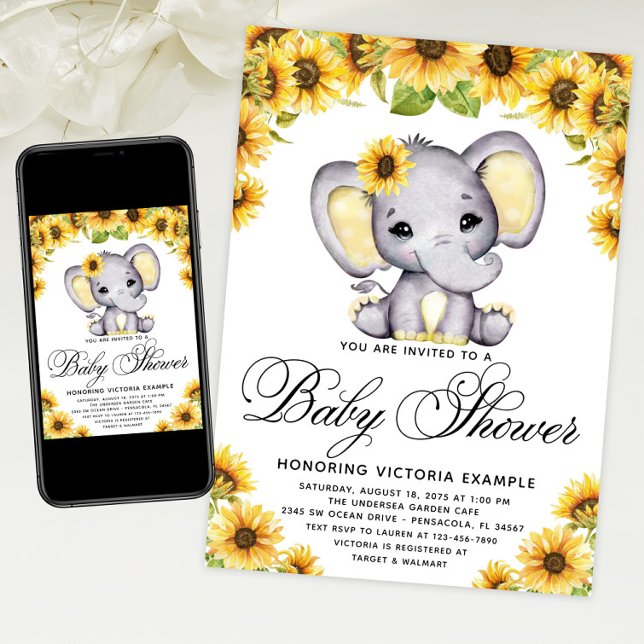 Chica Elephant Sunflower Baby Shower Invitación (Sunflower elephant baby shower invitation with cute baby elephant and sunflowers. Print & Download)