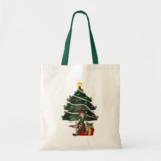 Chica Elf Navidad Árbol de Navidad Bolsa de Tote (Frente)