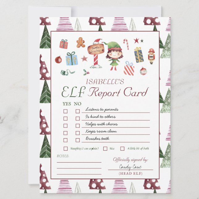 Chica Elf | Tarjeta de informe Elf para Navidades  (Anverso)