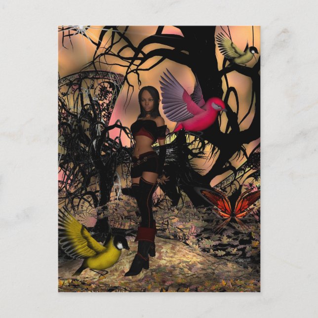 Chica Elfa de Tarjeta Postal Pájaros (Anverso)